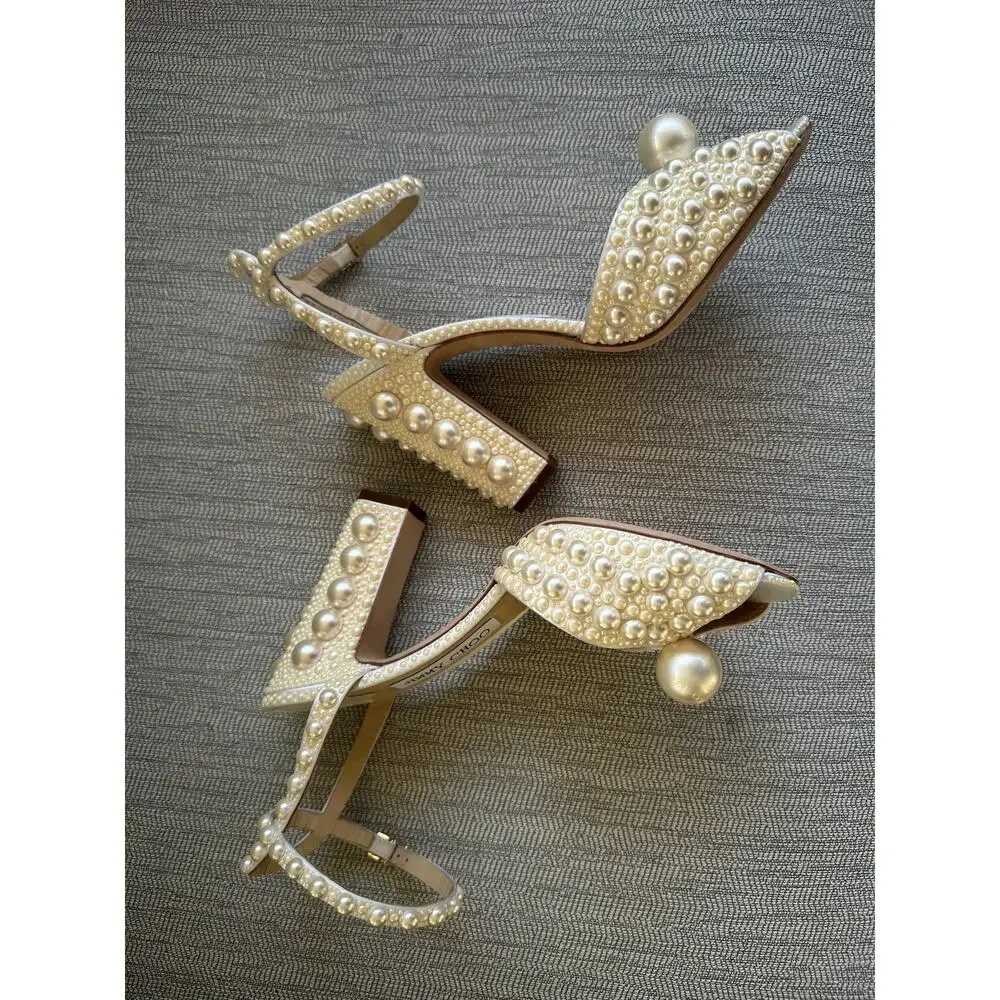 Jimmy Choo Pearl-Embellished Ivory Block Heel Sandals
